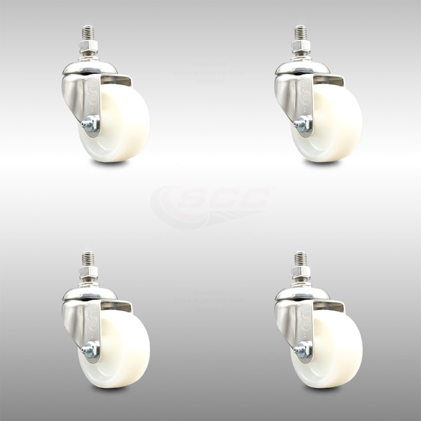 3 Inch 316SS Nylon Wheel Swivel 12mm Threaded Stem Caster Set